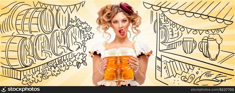 Beautiful Oktoberfest waitress, wearing a traditional Bavarian dress dirndl, serving two beer mugs and licking lips with sexy tongue on sketchy beer barrels background. Facebook size format.