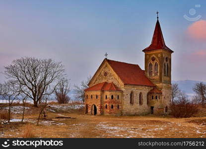 Beautiful old church of St. Linhart. Catholic temple village of Musov - Pasohlavky, Czech Republic.Dam New Mills (Nove Mlyny)