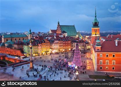 Beautiful Old Town of Warsaw in Poland illuminated at evening, during Christmas time.