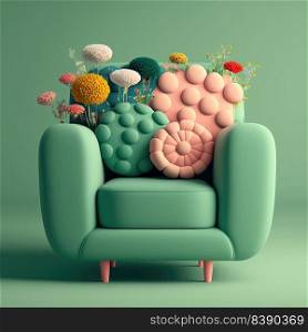 Beautiful one-seater sofa decorated with flowers. Spring design. Generative AI