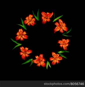 Beautiful orange flowers lilies arranged in the form of a round frame isolated on a black background