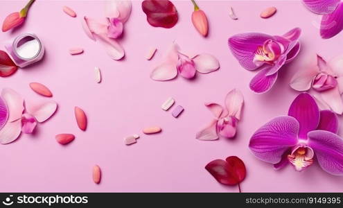 Beautiful orchid petals on a colorful background. Spring concept by generative AI