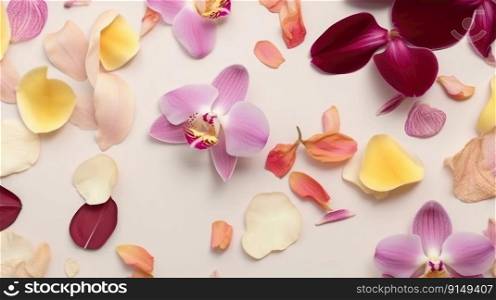 Beautiful orchid petals on a colorful background. Spring concept by generative AI