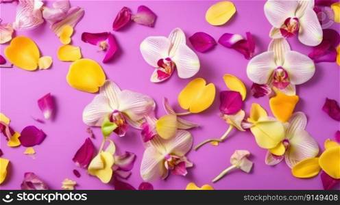 Beautiful orchid petals on a colorful background. Spring concept by generative AI