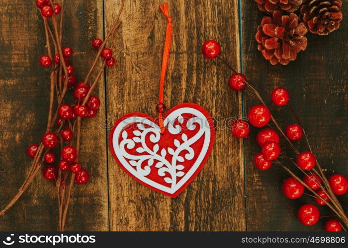 Beautiful ornates for Christmas on a wooden rustic background