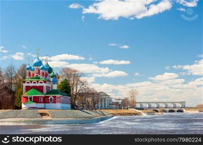 beautiful orthodox church is located on the riverbank in Rybinsk