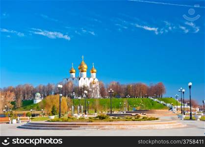 beautiful Orthodox church on a hill in the park Yaroslavl
