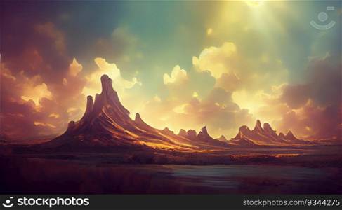 Beautiful painted landscape with mountain. Generative AI technology. Beautiful painted landscape with mountain, AI generated