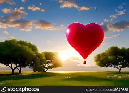 Beautiful painting of heart shaped hot air balloon against setting sun in serene nature setting, created with Generative AI technology.