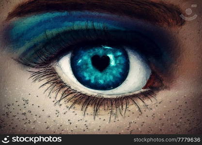 Beautiful painting of human eye closeup with heart shaped pupil and fancy make up with marvelous blue shades. Fine art with abstract textures