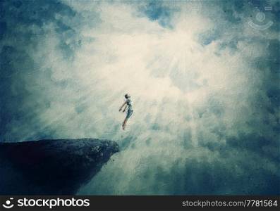 Beautiful painting with a person jumping off a cliff into the clouds. Surreal scene of a boy flying to the light, freedom concept. Mysterious astral levitation and unconscious psychokinesis rapture