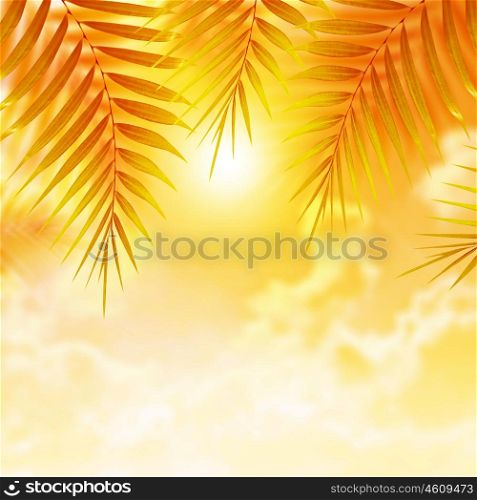 Beautiful palm leaves on orange sunset background, luxury tropical resort, day spa, beach on the island, holiday and vacation concept