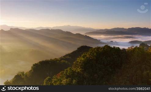 Beautiful panorama aerial view landscape sunbeam with fog at morning, Baan jabo viewpoint. Mae Hong Son, Baan JABO one of the most amazing Mist in Thailand.. Baan jabo viewpoint.