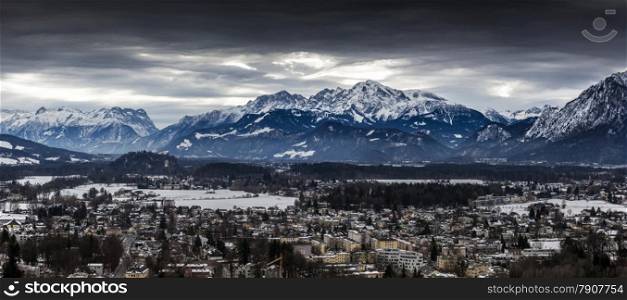 Beautiful panorama of Alps covered in snow at Salzburg