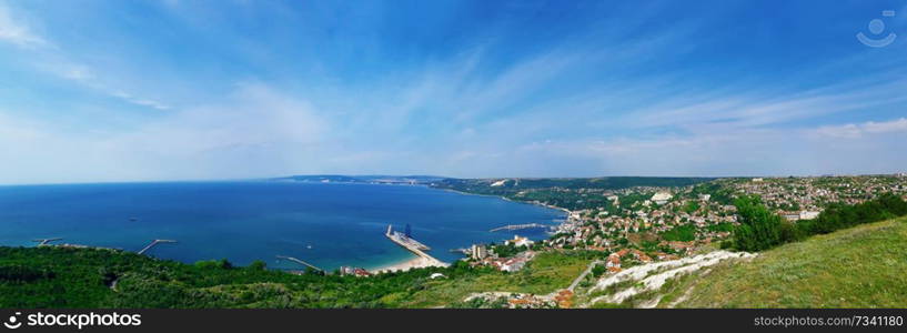 Beautiful panorama of the coast of the Black Sea in Balchik city, Bulgaria. Holiday journey, travel concept