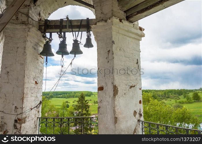 Beautiful panorama of the village of Mikhailovskoye from the bell tower of the Church of the Holy Archangel Michael and the bodiless hosts.