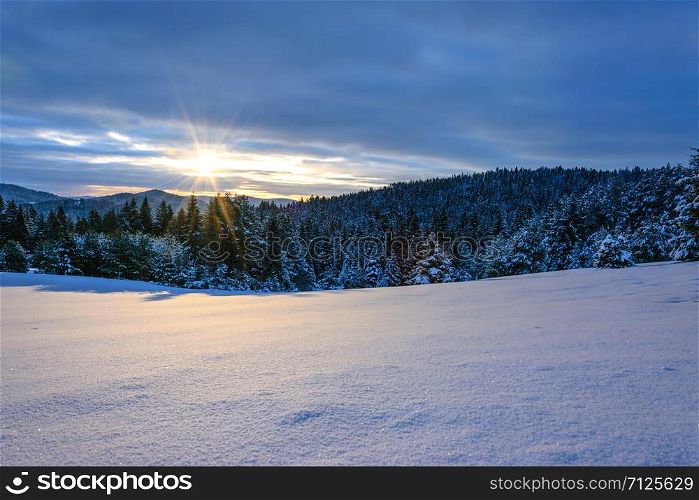 Beautiful panorama of winter mountains and forest at sunrise in the morning.