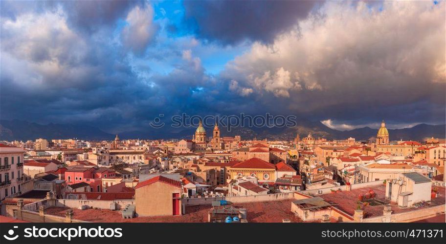 Beautiful panoramic aerial view of Palermo with Church of the Gesu, Palermo cathedral and Carmine church at thunder dawn, Sicily, Italy. Palermo at sunset, Sicily, Italy