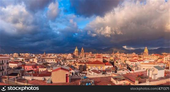 Beautiful panoramic aerial view of Palermo with Church of the Gesu, Palermo cathedral and Carmine church at thunder dawn, Sicily, Italy. Palermo at sunset, Sicily, Italy