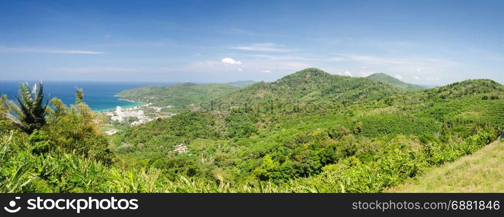 Beautiful panoramic mountain view from the hill Big Buddha in Phuket Thailand.