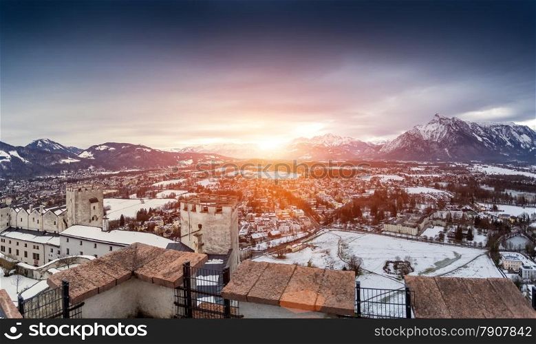 Beautiful panoramic shot of sunset over the snowy Alps next to Salzburg