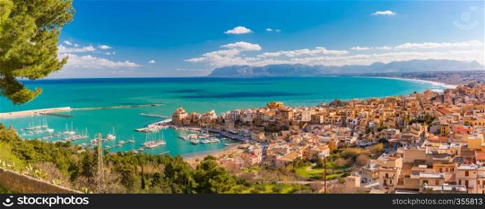 Beautiful panoramic view of medieval fortress in Cala Marina, harbor in coastal city Castellammare del Golfo in the morning, Sicily, Italy. Castellammare del Golfo, Sicily, Italy