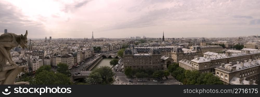 Beautiful panoramic view of Paris from the top floor of Notre Dame Cathedral.. The Security Guard