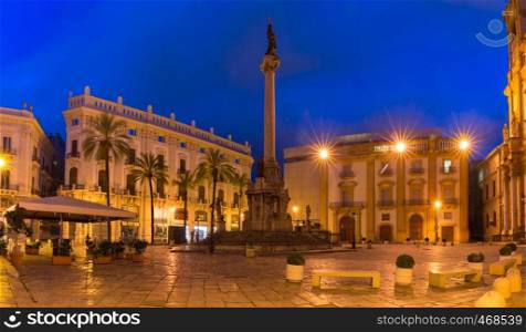 Beautiful panoramic view of Piazza San Domenico and Column of the Immaculate Conception in Palermo at night, Sicily, southern Italy. Piazza San Domenico, Palermo, Sicily, Italy
