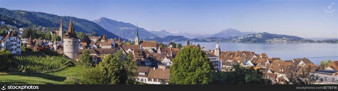 Beautiful panoramic view of Zug in the German-speaking area of Switzerland, taken in June 2022.