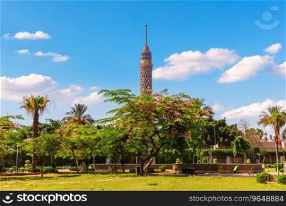 Beautiful park with palms and view of the TV Tower of Cairo, Egypt.