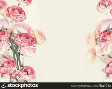 Beautiful pastel flowers frame at light background. Romantic, beauty or wedding layout. Feminine holidays template. Copy space