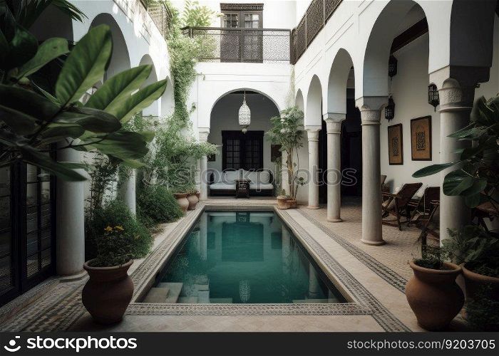 Beautiful patio with swim pool. Architecture summer. Generate Ai. Beautiful patio with swim pool. Generate Ai