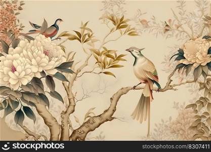 Beautiful pattern of tree with flowers and birds in chinese style. Beige, pastel colors. High quality illustration. Beautiful pattern of tree with flowers and birds in chinese style. Beige, pastel colors.