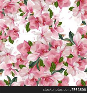 Beautiful pattern with magnolia flowers, leaves and petals. Illustration. Beautiful pattern with magnolia flowers, leaves and petals.