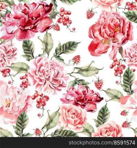 Beautiful pattern with peonies and berries. Illustration. Beautiful pattern with peonies and berries.