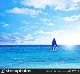 Beautiful peaceful paradise beach, man playing windsurf, scenic blue natural seascape landscape, tropical nature background, summer fun outdoor activities, freedom and travel, active people lifestyle