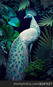 Beautiful peacock in dark forest. Beautiful peacock in dark forest AI Generated