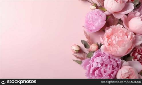 Beautiful peony flowers on pink background, flat lay. Space for text