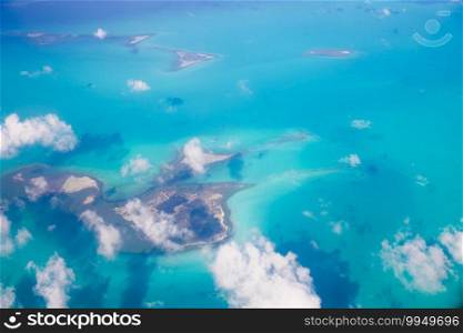 Beautiful perfect view of exotic islands from aircraft. Beautiful view of idyllic islands from above