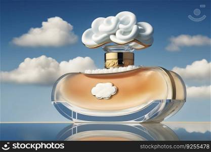 beautiful perfume bottle against the background of the sky and clouds. Neural network AI generated art. beautiful perfume bottle against the background of the sky and clouds. Neural network generated art