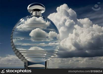 beautiful perfume bottle against the background of the sky and clouds. Neural network generated art. beautiful perfume bottle against the background of the sky and clouds. Neural network AI generated art