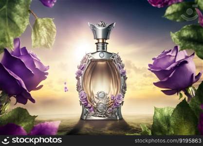 Beautiful perfume bottle with flowers against the sky. Neural network AI generated art. Beautiful perfume bottle with flowers against the sky. Neural network AI generated