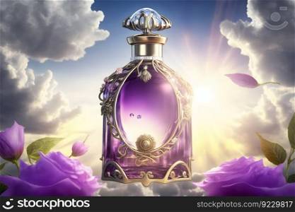 Beautiful perfume bottle with flowers against the sky. Neural network AI generated art. Beautiful perfume bottle with flowers against the sky. Neural network AI generated
