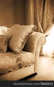 beautiful pillow on a sofa in modern apartment