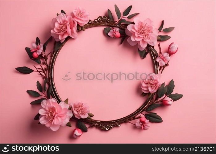 Beautiful pink background with flowers and copy space. Empty space for text. Frame, backdrop. Summer, spring, blossom. Woman&rsquo;s or Mother&rsquo;s Day, Birthday. Generative AI. Beautiful pink background with flowers and copy space. Empty space for text. Frame, backdrop. Summer, spring, blossom. Woman&rsquo;s or Mother&rsquo;s Day, Birthday. Generative AI.