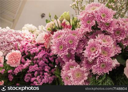 Beautiful pink chrysanthemum at decorated to celebrate the anniversary inside department store and shopping. Select focus.