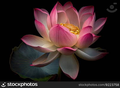 Beautiful pink lotus blosom closeup on dark background illustration. AI generative.