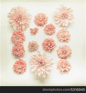 Beautiful pink pastel flowers composing on beige background, top view, flat lay.
