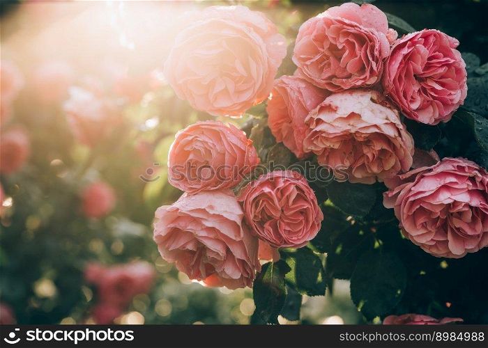 Beautiful pink roses in early morning hours in Vienna Hofburg garden. Natural backlit shot. Nature, summer, travel concept. Gardening. Beautiful pink roses in early morning hours outdoors