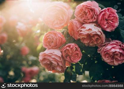 Beautiful pink roses in early morning hours in Vienna Hofburg garden. Natural backlit shot. Nature, summer, travel concept. Gardening. Beautiful pink roses in early morning hours outdoors